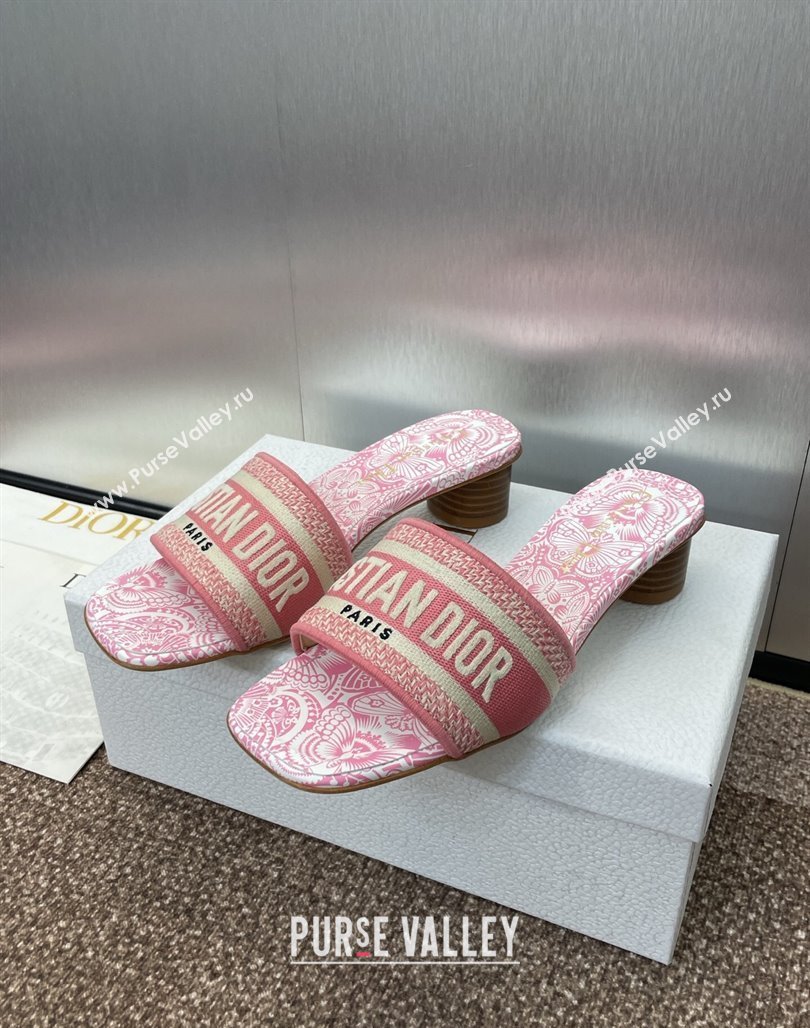 Dior Dway Heel Slides Sandal 4.5cm in Embroidered Cotton with D-Butterfly Paisley Motif Pink2 2025 (MD-250425083)