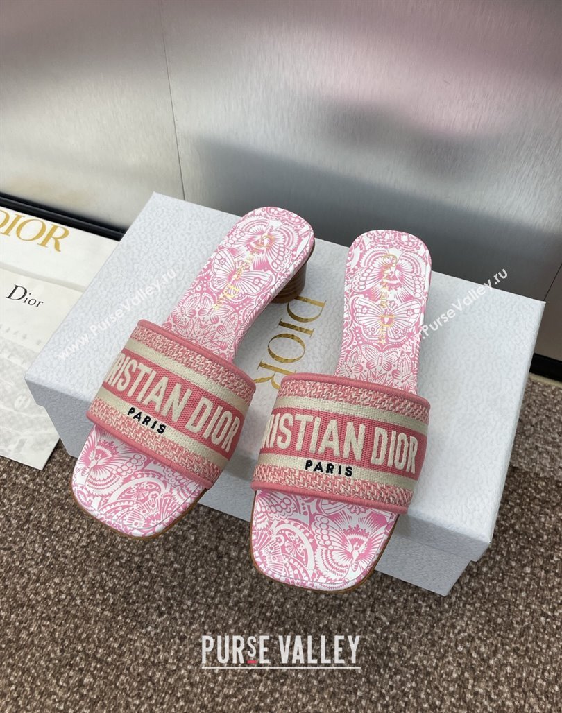 Dior Dway Heel Slides Sandal 4.5cm in Embroidered Cotton with D-Butterfly Paisley Motif Pink2 2025 (MD-250425083)
