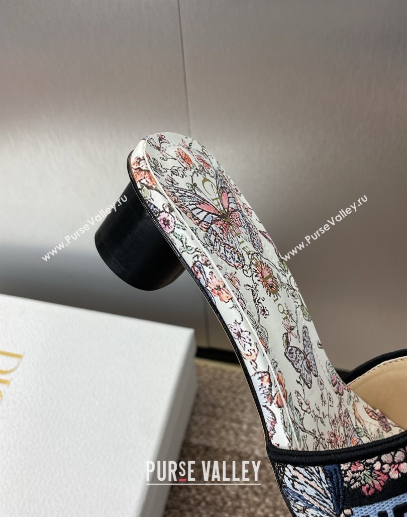 Dior Dway Heel Slides Sandal 4.5cm in Embroidered Cotton with Multicolor Toile de Jouy Papillon Motif Blue 2025 (MD-250425084)