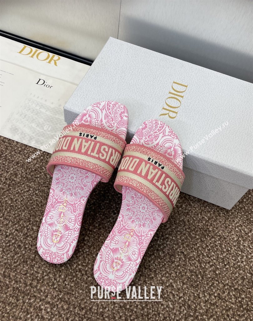 Dior Dway Flat Slides Sandal in Embroidered Cotton with D-Butterfly Paisley Motif Pink2 2025 (MD-250425085)