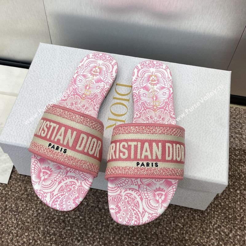 Dior Dway Flat Slides Sandal in Embroidered Cotton with D-Butterfly Paisley Motif Pink2 2025 (MD-250425085)