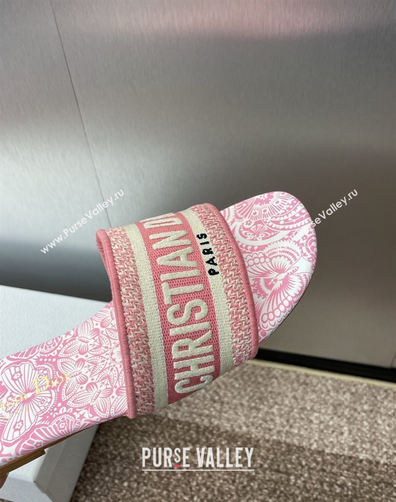 Dior Dway Flat Slides Sandal in Embroidered Cotton with D-Butterfly Paisley Motif Pink2 2025 (MD-250425085)