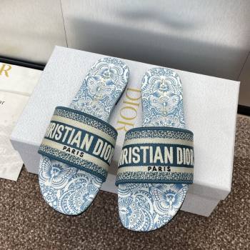 Dior Dway Flat Slides Sandal in Embroidered Cotton with D-Butterfly Paisley Motif Green 2025 (MD-250425086)