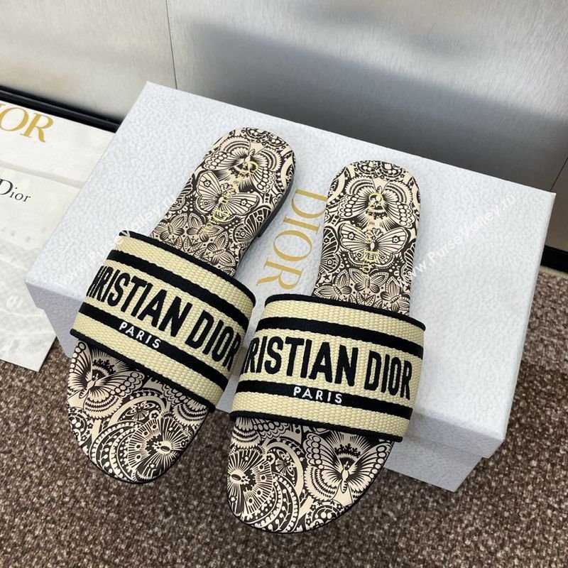 Dior Dway Flat Slides Sandal in Beige Raffia Straw with D-Butterfly Paisley Motif 2025 (MD-250425087)