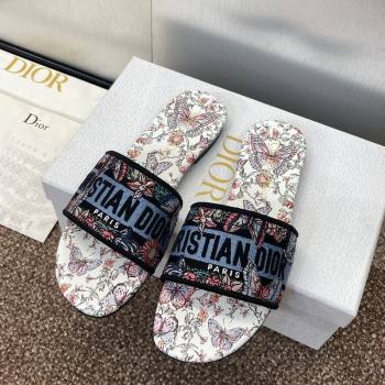 Dior Dway Flat Slides Sandal in Embroidered Cotton with Multicolor Toile de Jouy Papillon Motif Blue 2025 (MD-250425088)