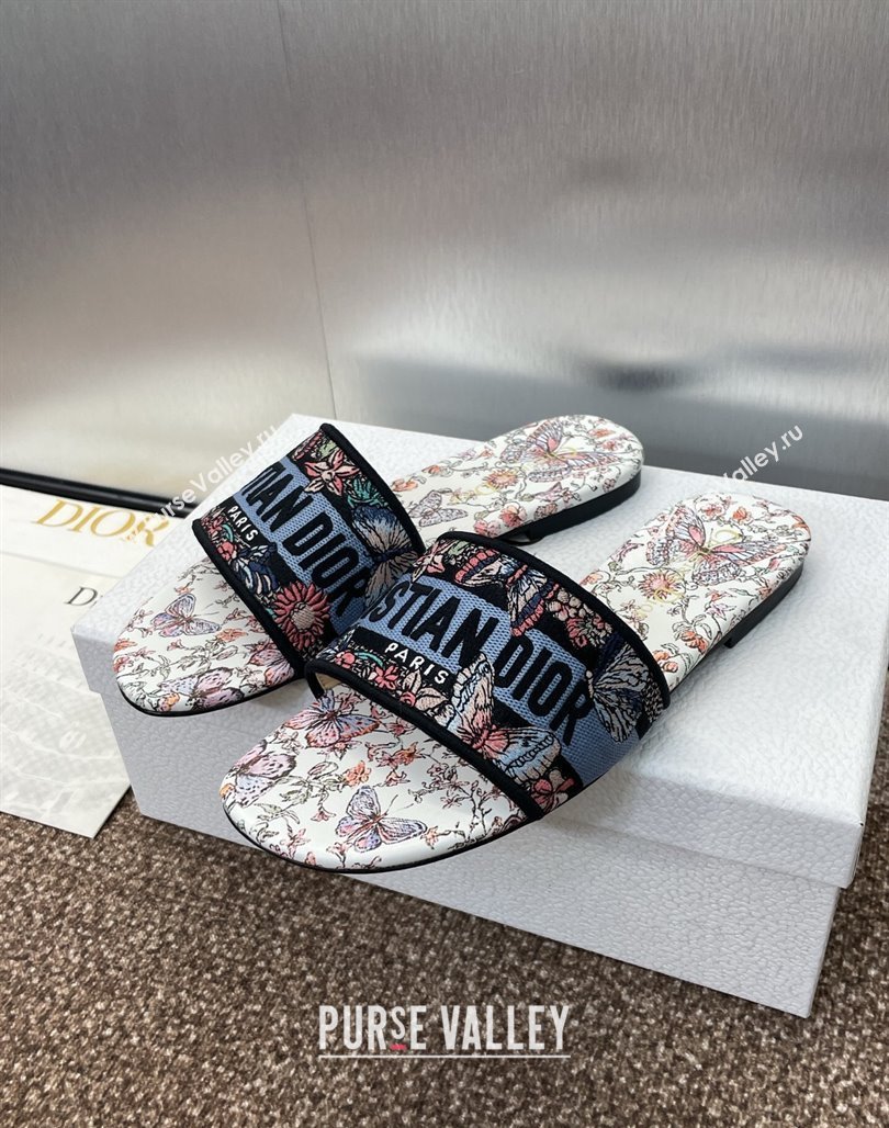 Dior Dway Flat Slides Sandal in Embroidered Cotton with Multicolor Toile de Jouy Papillon Motif Blue 2025 (MD-250425088)