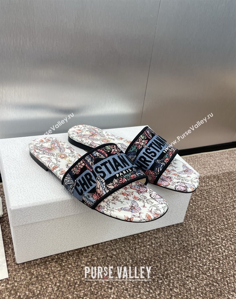 Dior Dway Flat Slides Sandal in Embroidered Cotton with Multicolor Toile de Jouy Papillon Motif Blue 2025 (MD-250425088)