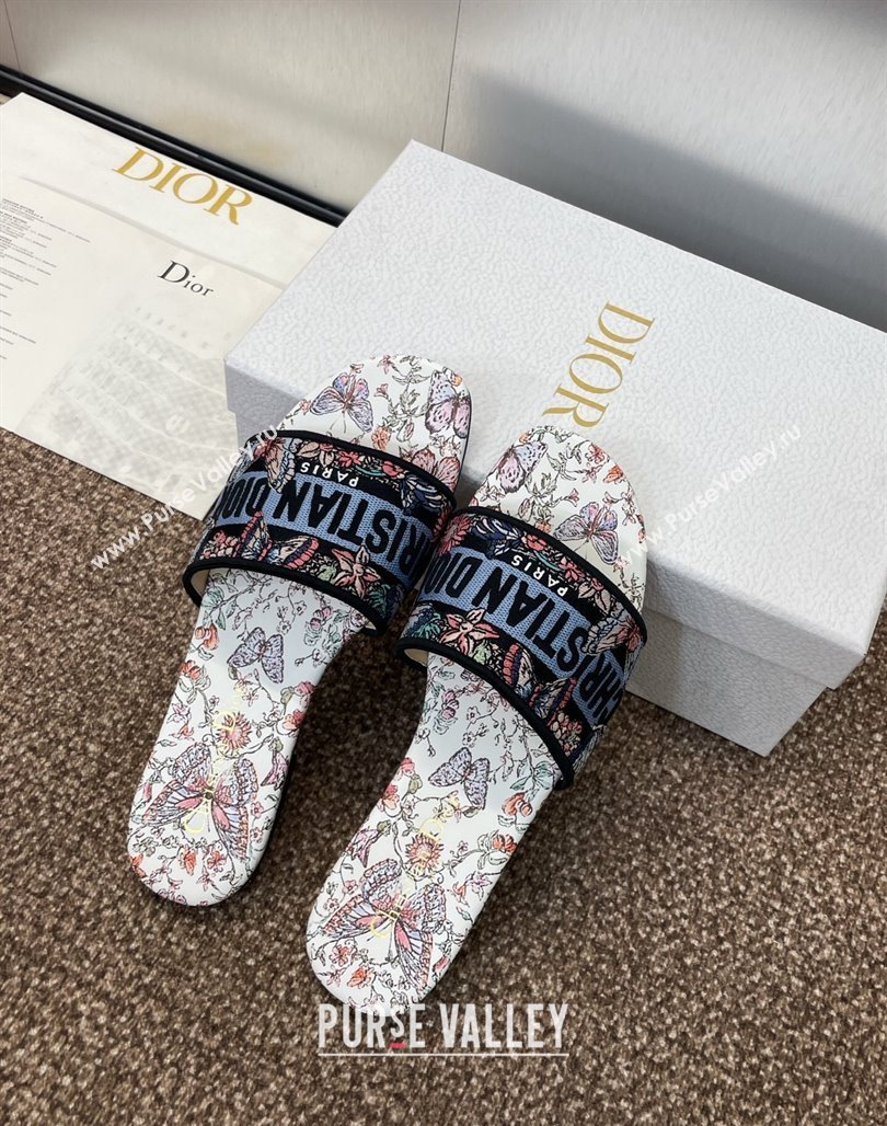 Dior Dway Flat Slides Sandal in Embroidered Cotton with Multicolor Toile de Jouy Papillon Motif Blue 2025 (MD-250425088)