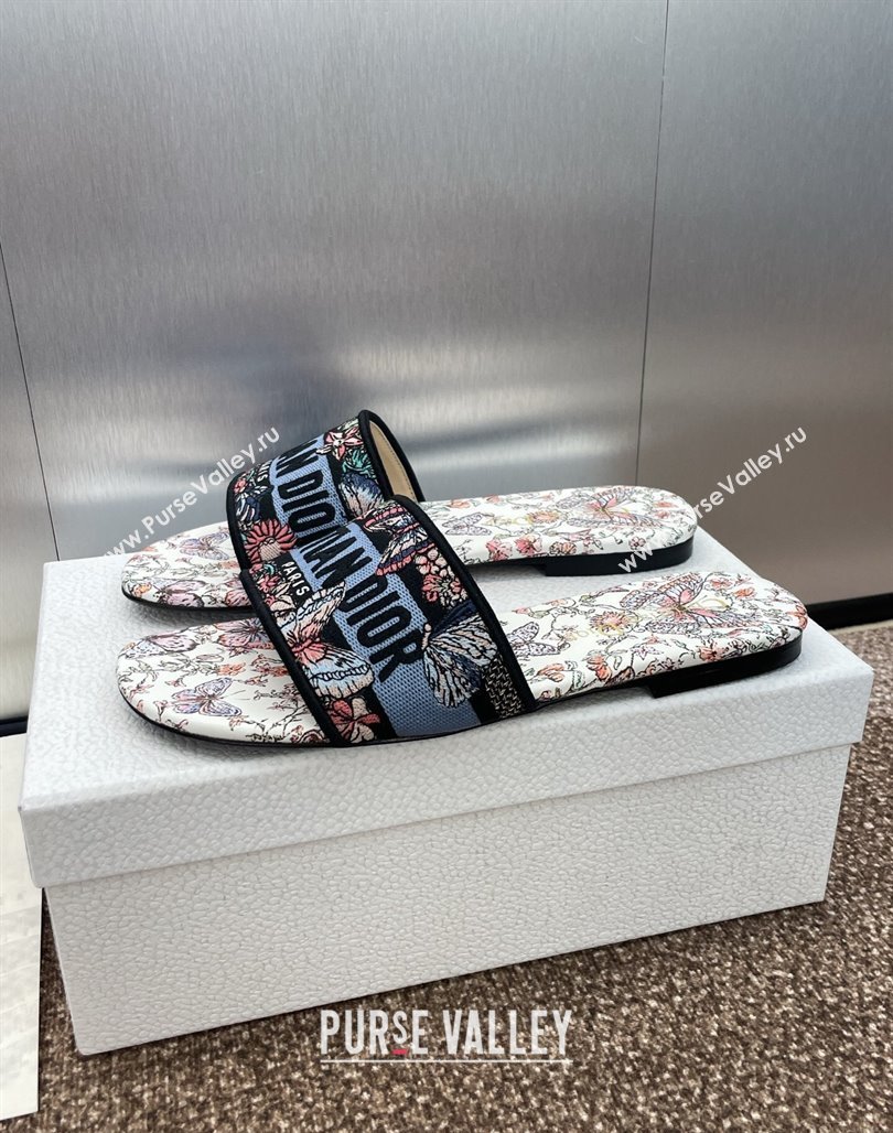 Dior Dway Flat Slides Sandal in Embroidered Cotton with Multicolor Toile de Jouy Papillon Motif Blue 2025 (MD-250425088)