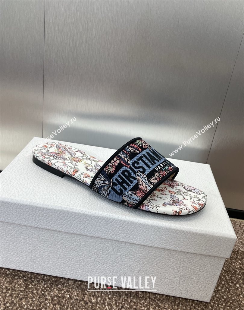 Dior Dway Flat Slides Sandal in Embroidered Cotton with Multicolor Toile de Jouy Papillon Motif Blue 2025 (MD-250425088)