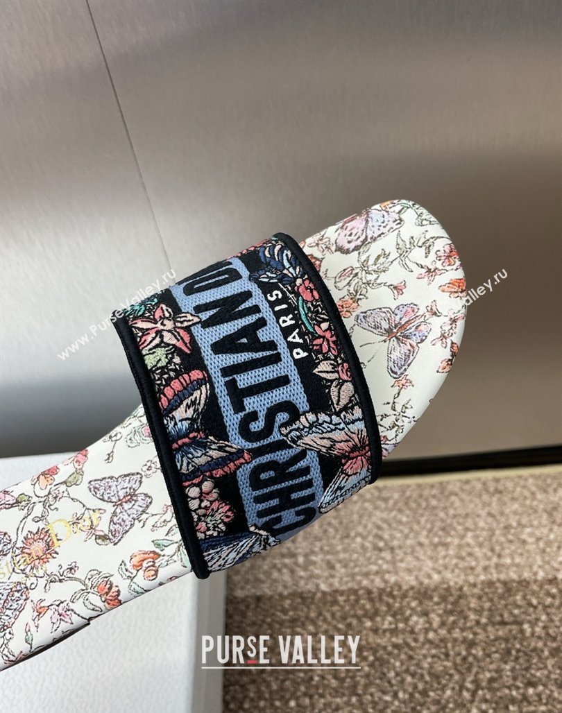 Dior Dway Flat Slides Sandal in Embroidered Cotton with Multicolor Toile de Jouy Papillon Motif Blue 2025 (MD-250425088)