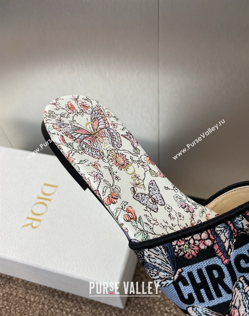 Dior Dway Flat Slides Sandal in Embroidered Cotton with Multicolor Toile de Jouy Papillon Motif Blue 2025 (MD-250425088)