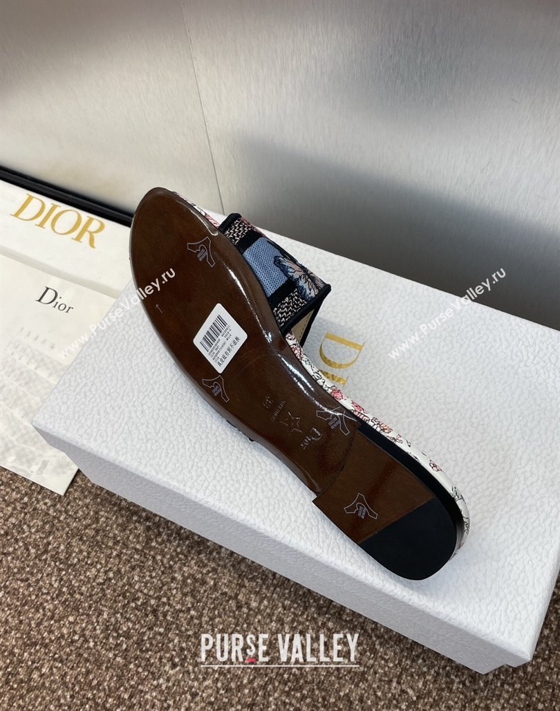 Dior Dway Flat Slides Sandal in Embroidered Cotton with Multicolor Toile de Jouy Papillon Motif Blue 2025 (MD-250425088)