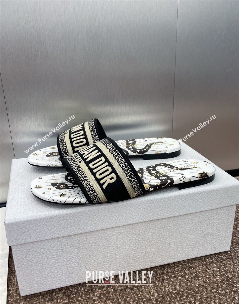 Dior Dway Flat Slides Sandal in Embroidered Cotton with Black and Beige Astral Motif 2025 (MD-250425089)