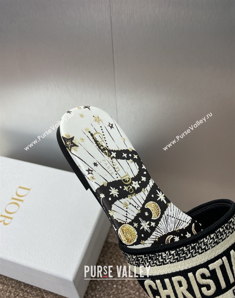 Dior Dway Flat Slides Sandal in Embroidered Cotton with Black and Beige Astral Motif 2025 (MD-250425089)