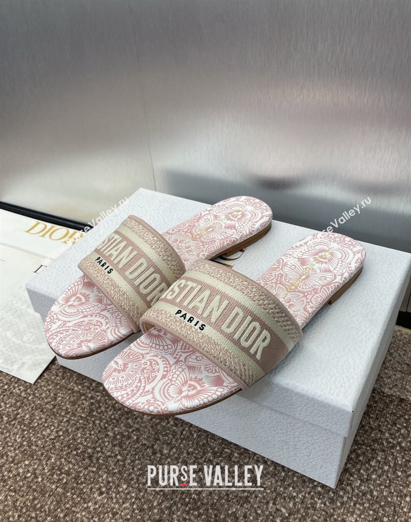 Dior Dway Flat Slides Sandal in Embroidered Cotton with D-Butterfly Paisley Motif Light Pink 2025 (MD-250425090)