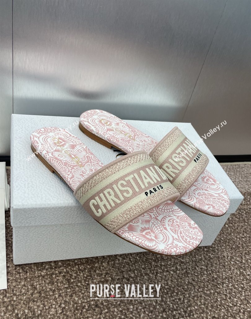 Dior Dway Flat Slides Sandal in Embroidered Cotton with D-Butterfly Paisley Motif Light Pink 2025 (MD-250425090)