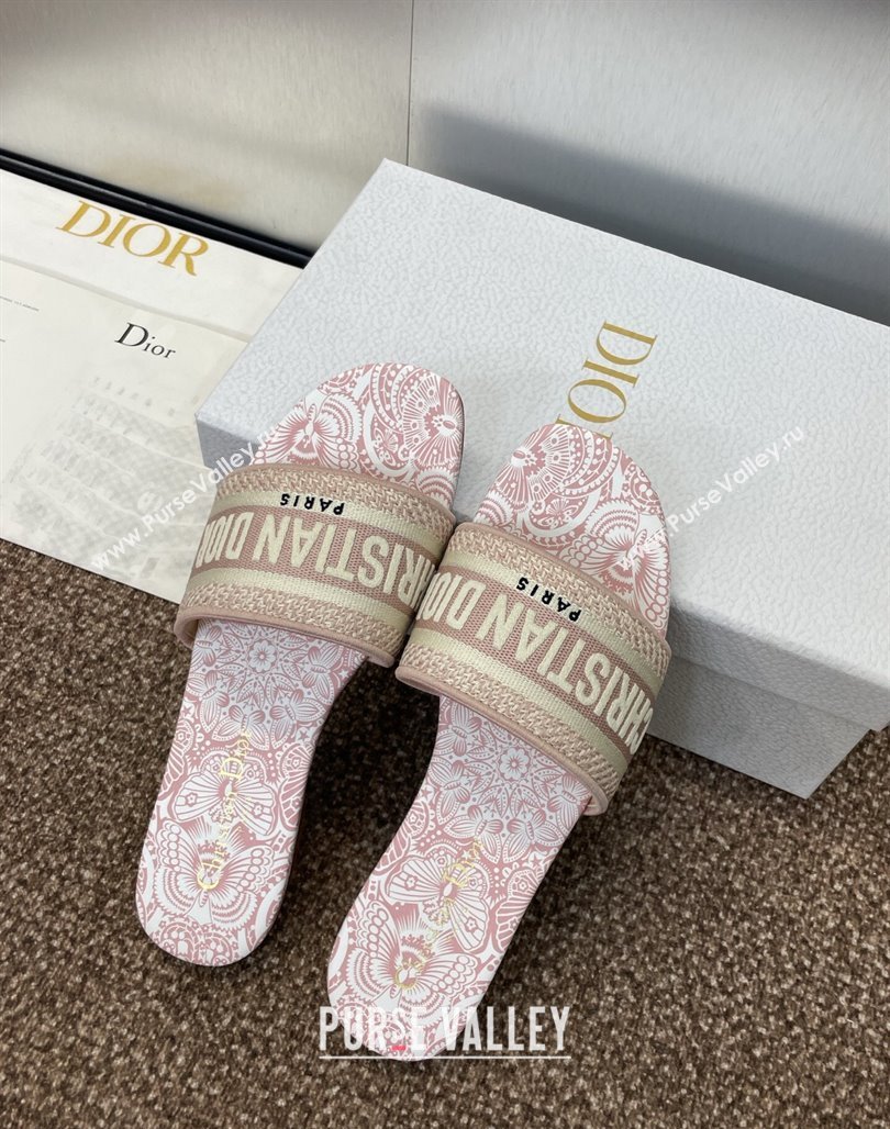 Dior Dway Flat Slides Sandal in Embroidered Cotton with D-Butterfly Paisley Motif Light Pink 2025 (MD-250425090)