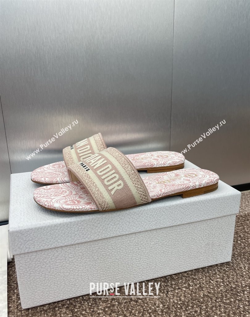 Dior Dway Flat Slides Sandal in Embroidered Cotton with D-Butterfly Paisley Motif Light Pink 2025 (MD-250425090)