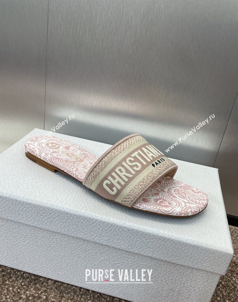 Dior Dway Flat Slides Sandal in Embroidered Cotton with D-Butterfly Paisley Motif Light Pink 2025 (MD-250425090)