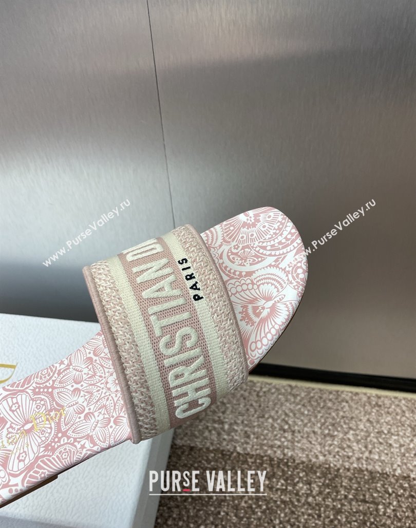 Dior Dway Flat Slides Sandal in Embroidered Cotton with D-Butterfly Paisley Motif Light Pink 2025 (MD-250425090)