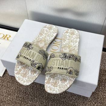 Dior Dway Flat Slides Sandal in Cotton Embroidered with Metallic Thread and Gold-Tone Millefiori Unicorn Motif (MD-250425092)
