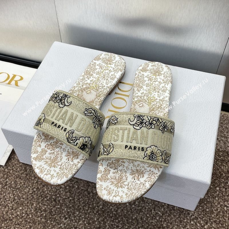 Dior Dway Flat Slides Sandal in Cotton Embroidered with Metallic Thread and Gold-Tone Millefiori Unicorn Motif (MD-250425092)