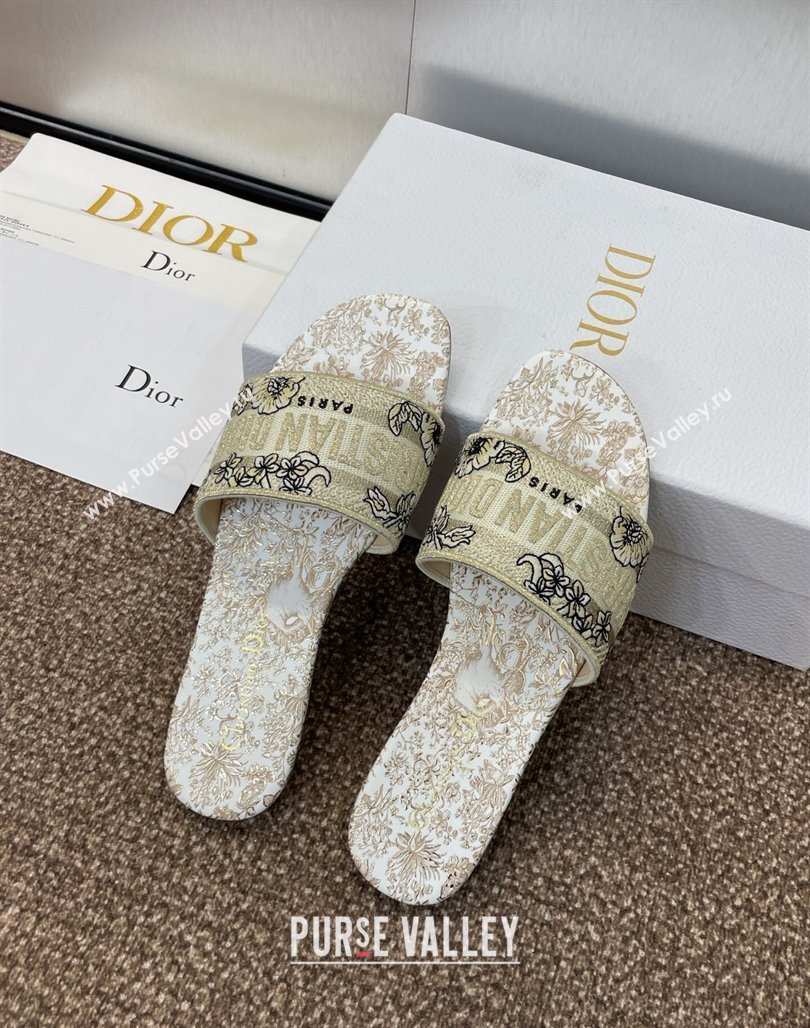 Dior Dway Flat Slides Sandal in Cotton Embroidered with Metallic Thread and Gold-Tone Millefiori Unicorn Motif (MD-250425092)