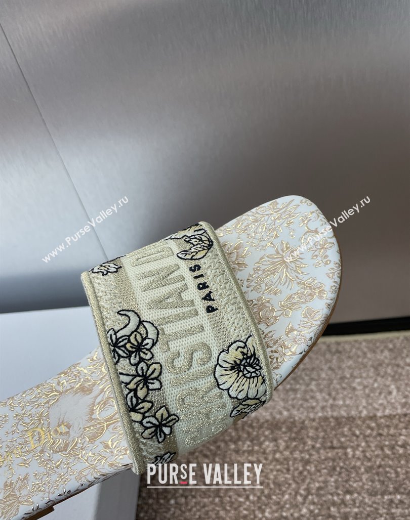 Dior Dway Flat Slides Sandal in Cotton Embroidered with Metallic Thread and Gold-Tone Millefiori Unicorn Motif (MD-250425092)