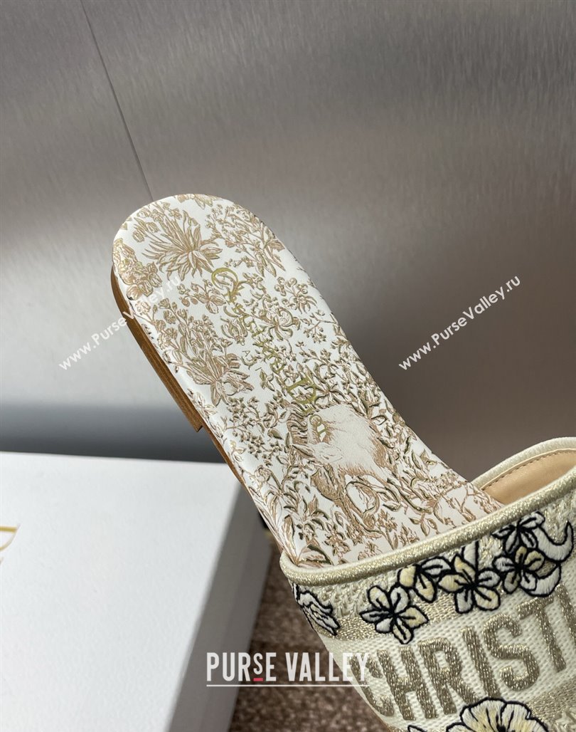 Dior Dway Flat Slides Sandal in Cotton Embroidered with Metallic Thread and Gold-Tone Millefiori Unicorn Motif (MD-250425092)