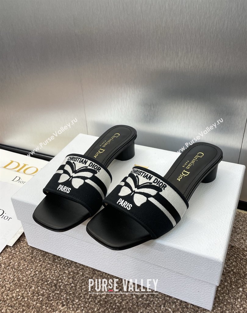 Dior Dway Heel Slides Sandal 4.5cm in Black and White Cotton Embroidered with Christian Dior Papillon Motif 2025 (MD-250425095)