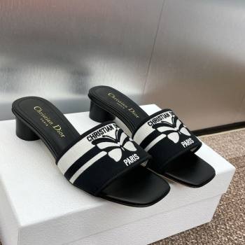 Dior Dway Heel Slides Sandal 4.5cm in Black and White Cotton Embroidered with Christian Dior Papillon Motif 2025 (MD-250425095)