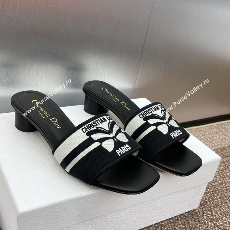 Dior Dway Heel Slides Sandal 4.5cm in Black and White Cotton Embroidered with Christian Dior Papillon Motif 2025 (MD-250425095)