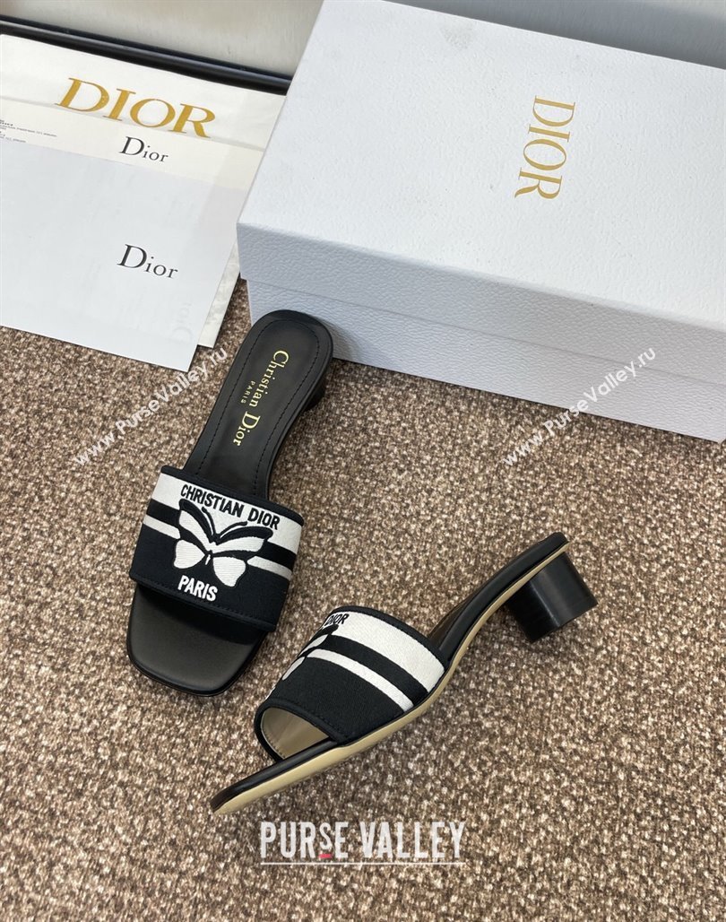 Dior Dway Heel Slides Sandal 4.5cm in Black and White Cotton Embroidered with Christian Dior Papillon Motif 2025 (MD-250425095)