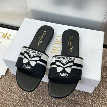 Dior Dway Flat Slides Sandal in Black and White Cotton Embroidered with Christian Dior Papillon Motif 2025 (MD-250425096)