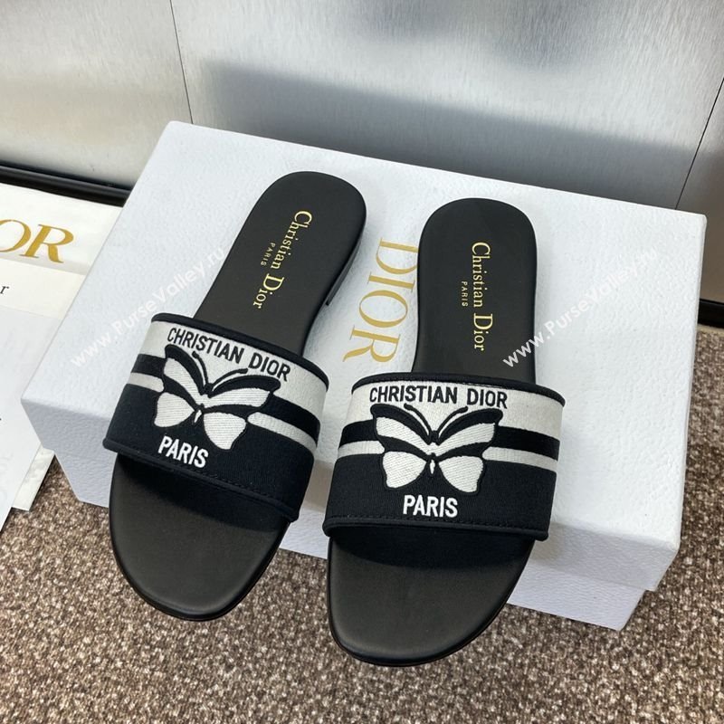 Dior Dway Flat Slides Sandal in Black and White Cotton Embroidered with Christian Dior Papillon Motif 2025 (MD-250425096)