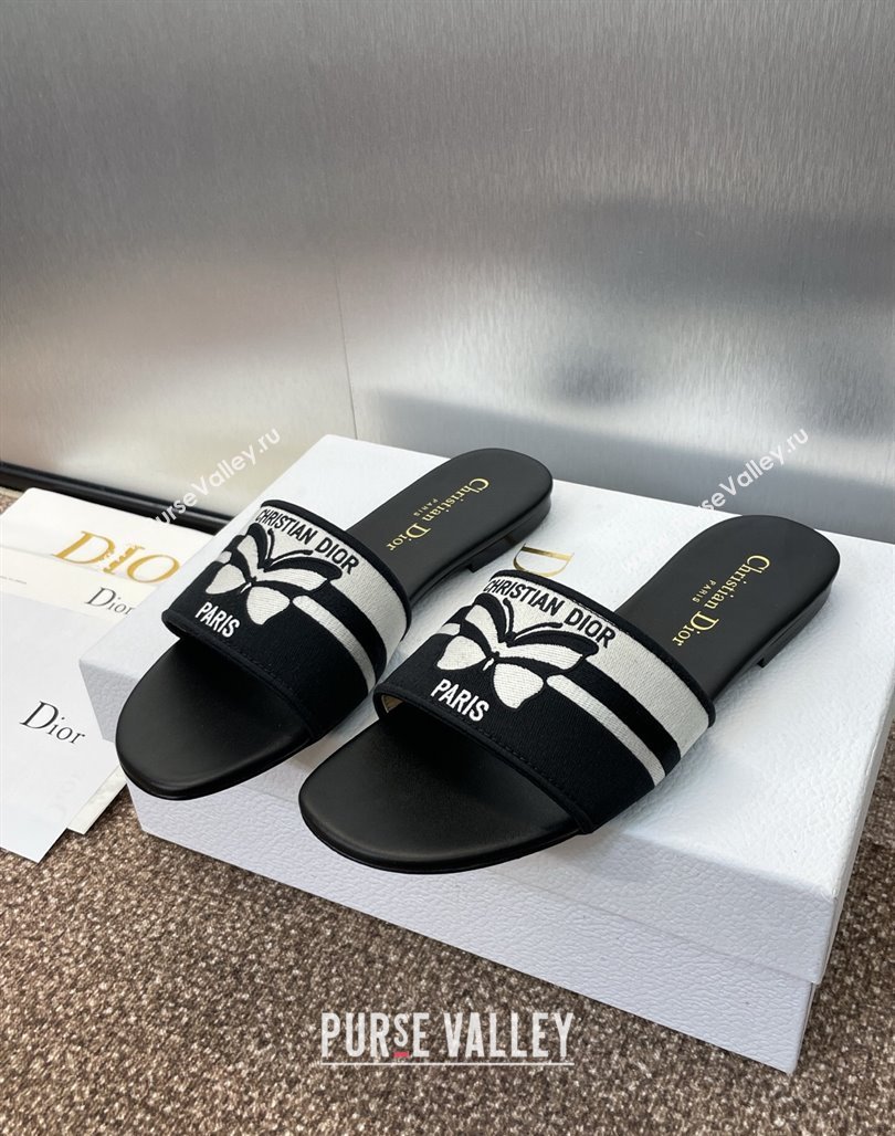 Dior Dway Flat Slides Sandal in Black and White Cotton Embroidered with Christian Dior Papillon Motif 2025 (MD-250425096)