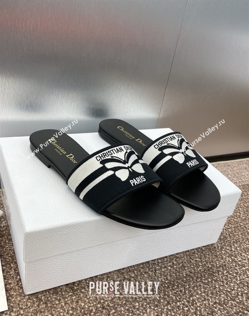 Dior Dway Flat Slides Sandal in Black and White Cotton Embroidered with Christian Dior Papillon Motif 2025 (MD-250425096)