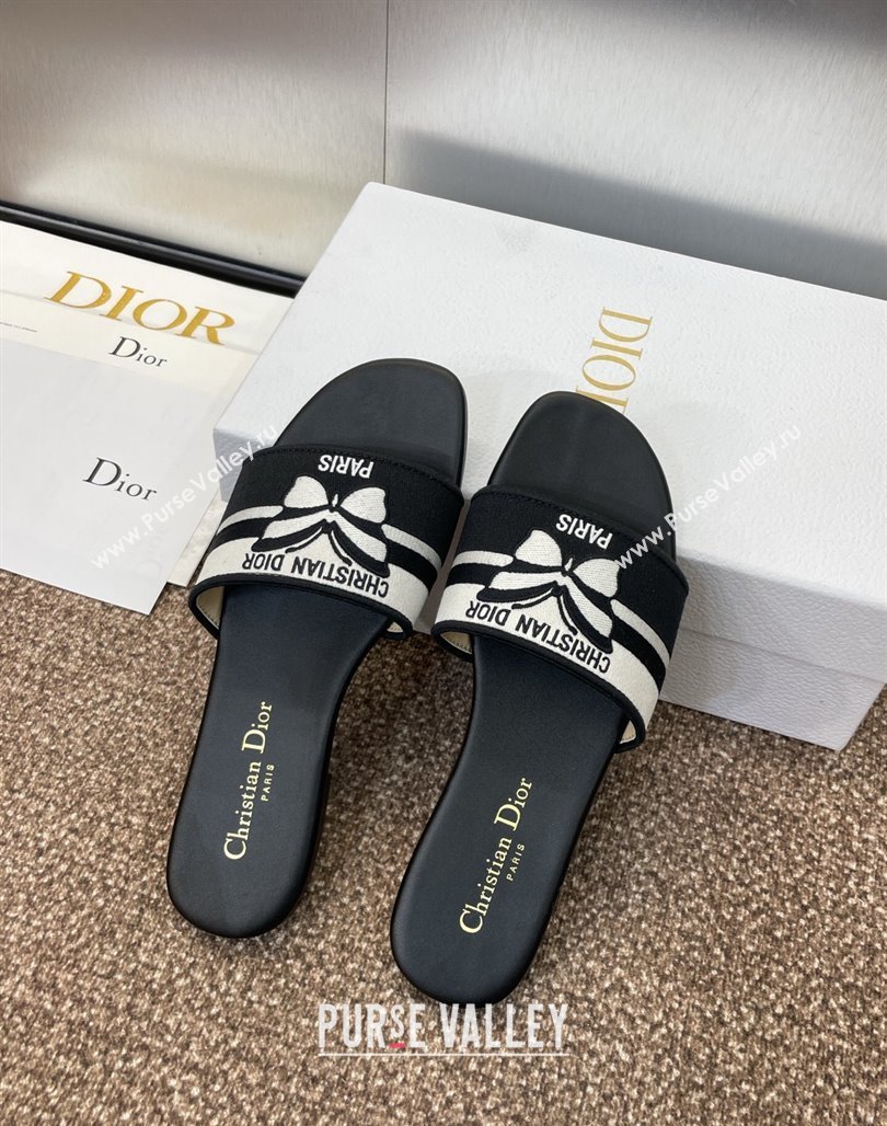 Dior Dway Flat Slides Sandal in Black and White Cotton Embroidered with Christian Dior Papillon Motif 2025 (MD-250425096)