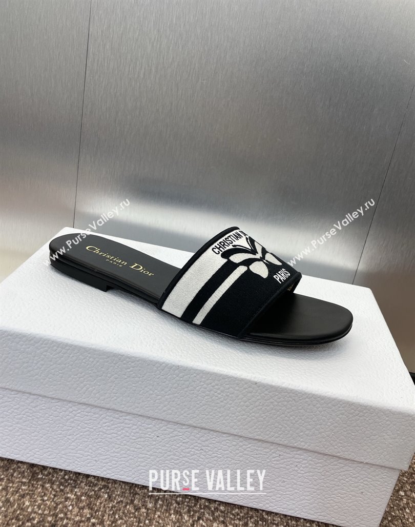 Dior Dway Flat Slides Sandal in Black and White Cotton Embroidered with Christian Dior Papillon Motif 2025 (MD-250425096)