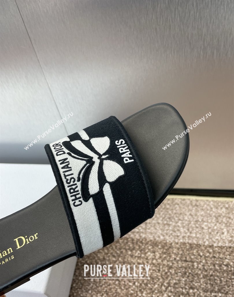 Dior Dway Flat Slides Sandal in Black and White Cotton Embroidered with Christian Dior Papillon Motif 2025 (MD-250425096)