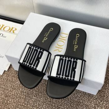 Dior Dway Flat Slides Sandal in Black and White Cotton Embroidered with Dior Graphique Motif 2025 (MD-250425098)