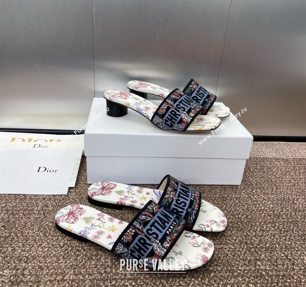 Dior Dway Heel Slides Sandal 4.5cm in White and Blue Cotton with Amour 1947 Embroidery 2025 (MD-250425099)