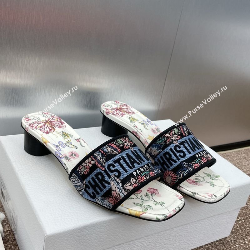 Dior Dway Heel Slides Sandal 4.5cm in White and Blue Cotton with Amour 1947 Embroidery 2025 (MD-250425099)