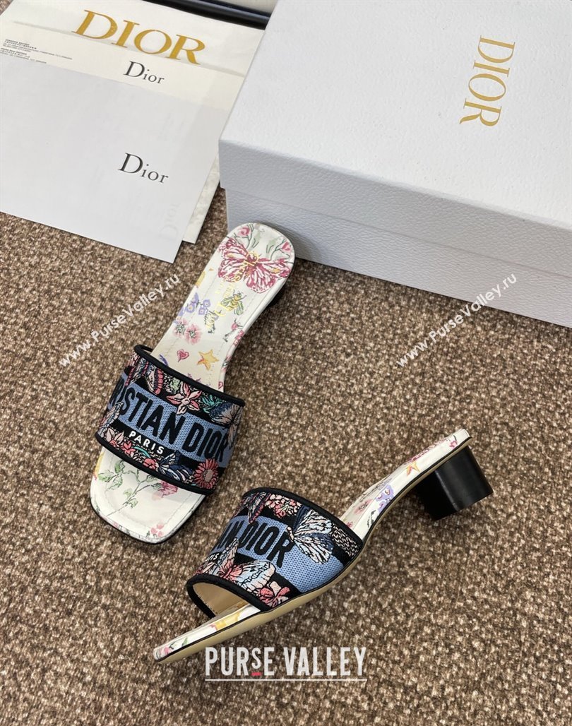 Dior Dway Heel Slides Sandal 4.5cm in White and Blue Cotton with Amour 1947 Embroidery 2025 (MD-250425099)
