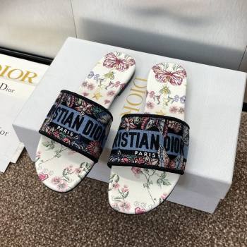 Dior Dway Flat Slides Sandal in White and Blue Cotton with Amour 1947 Embroidery 2025 (MD-250425100)
