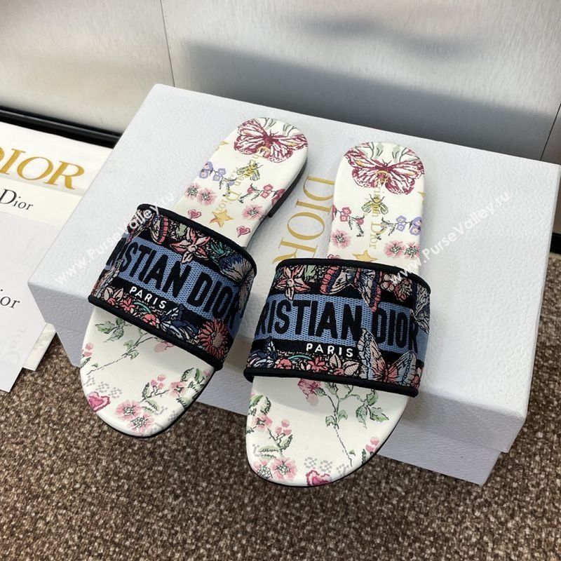 Dior Dway Flat Slides Sandal in White and Blue Cotton with Amour 1947 Embroidery 2025 (MD-250425100)