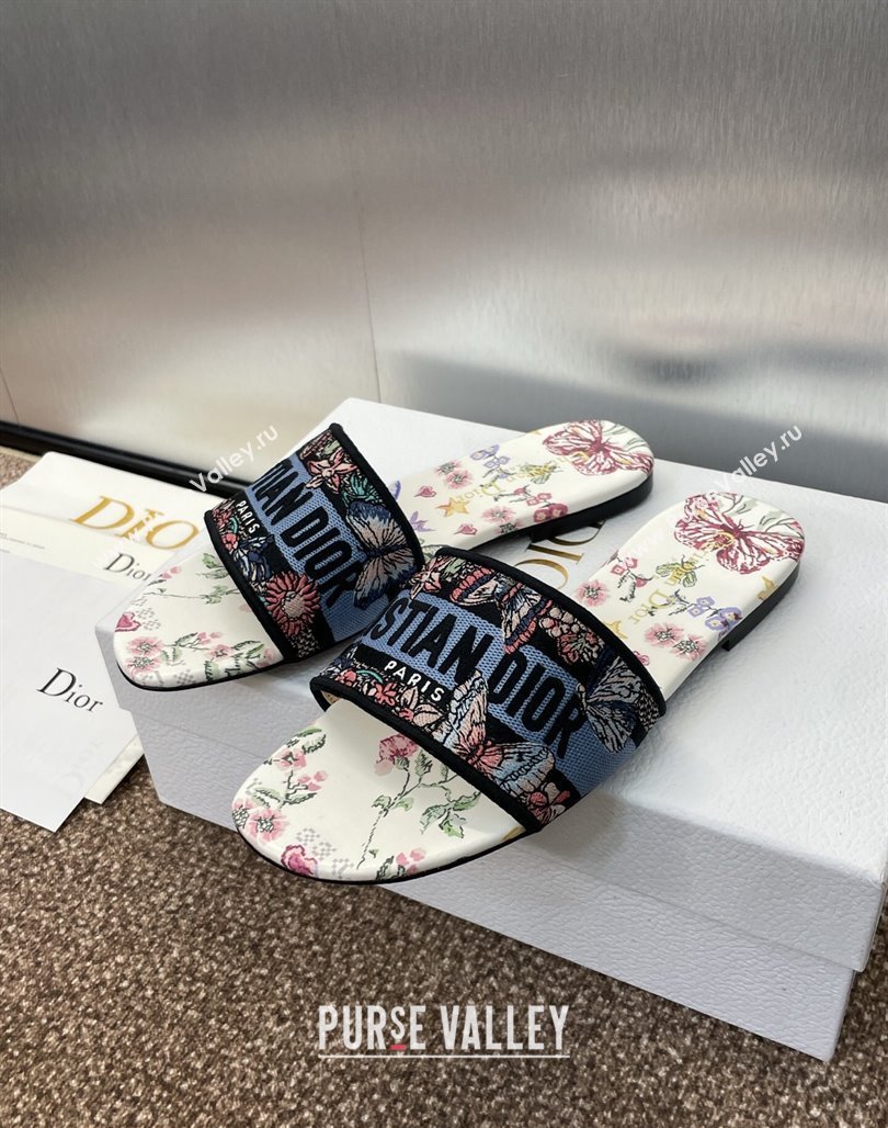 Dior Dway Flat Slides Sandal in White and Blue Cotton with Amour 1947 Embroidery 2025 (MD-250425100)