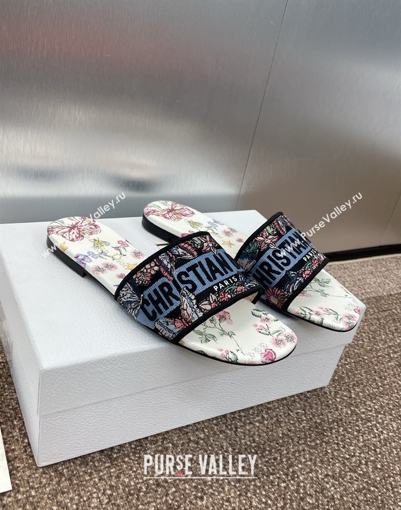 Dior Dway Flat Slides Sandal in White and Blue Cotton with Amour 1947 Embroidery 2025 (MD-250425100)
