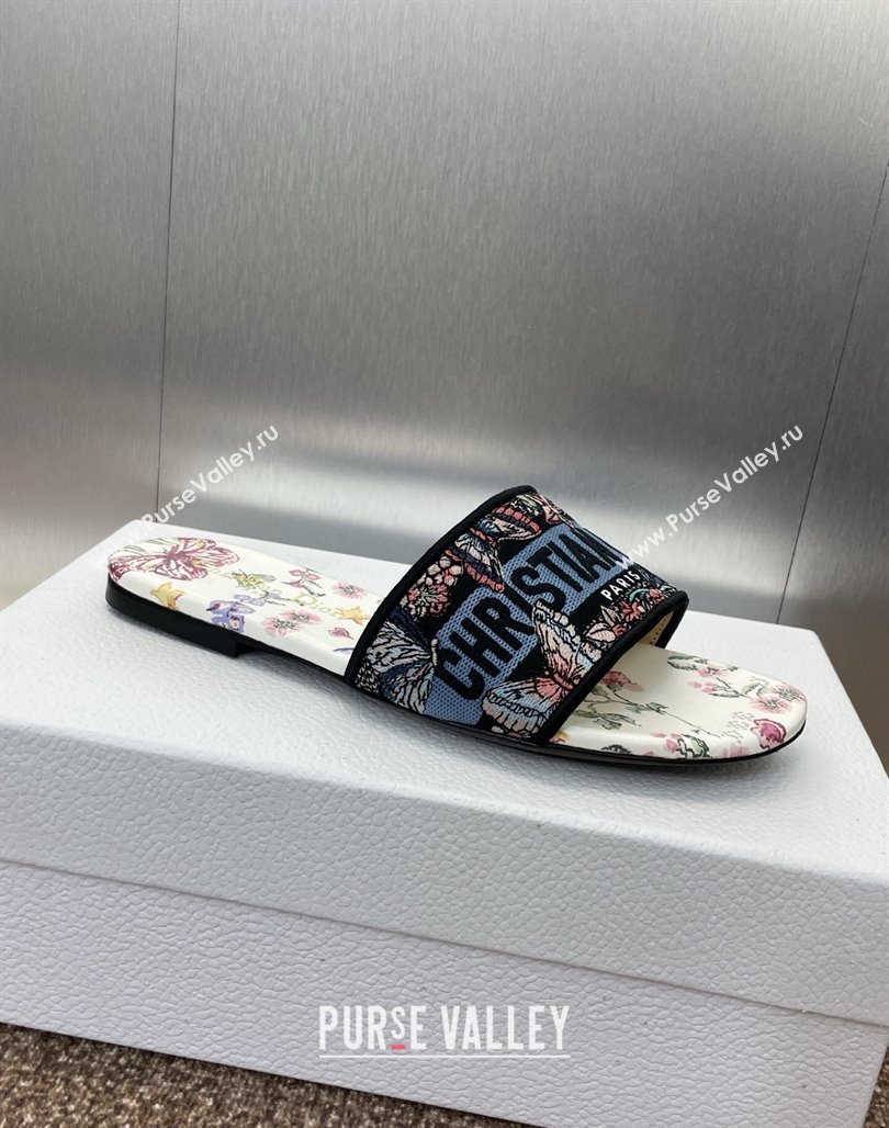 Dior Dway Flat Slides Sandal in White and Blue Cotton with Amour 1947 Embroidery 2025 (MD-250425100)